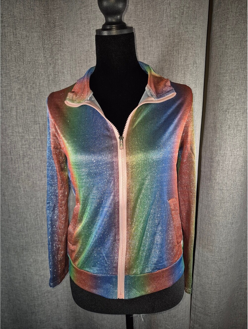 Rainbow Metallic Shimmer Track Jacket Medium Striped Sleeve Full Zip Y2K